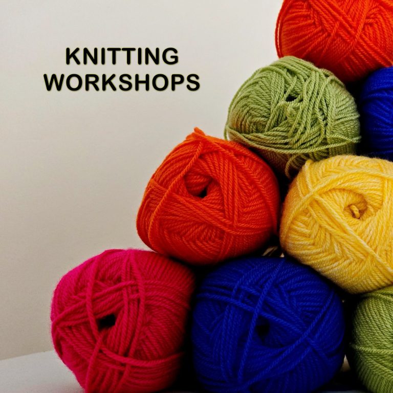 Knitting workshops Colourful yarn balls stacked with the text "Knitting Workshops" above.