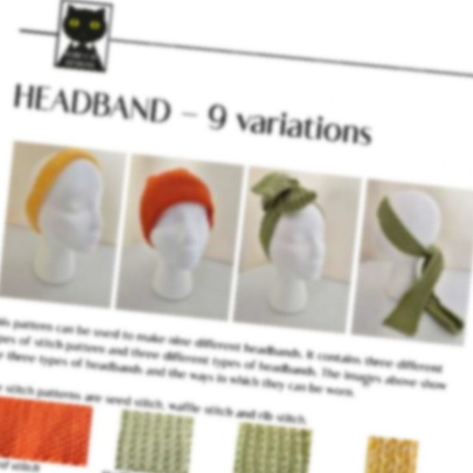 Knitting patterns and resources Various headband designs displayed on a mannequin, with nine style variations showcased.