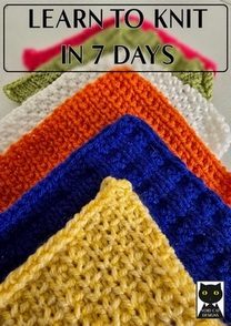 Learn to Knit in 7 Days - free guide Colourful knitting squares stacked with a title "Learn to knit in 7 days" overlay.