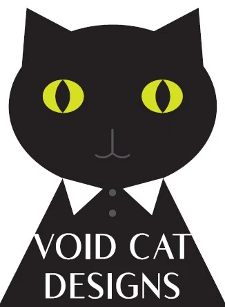 Void Cat Design logo, showing a black cat with yellow eyes, a neat shirt collar and some buttons.